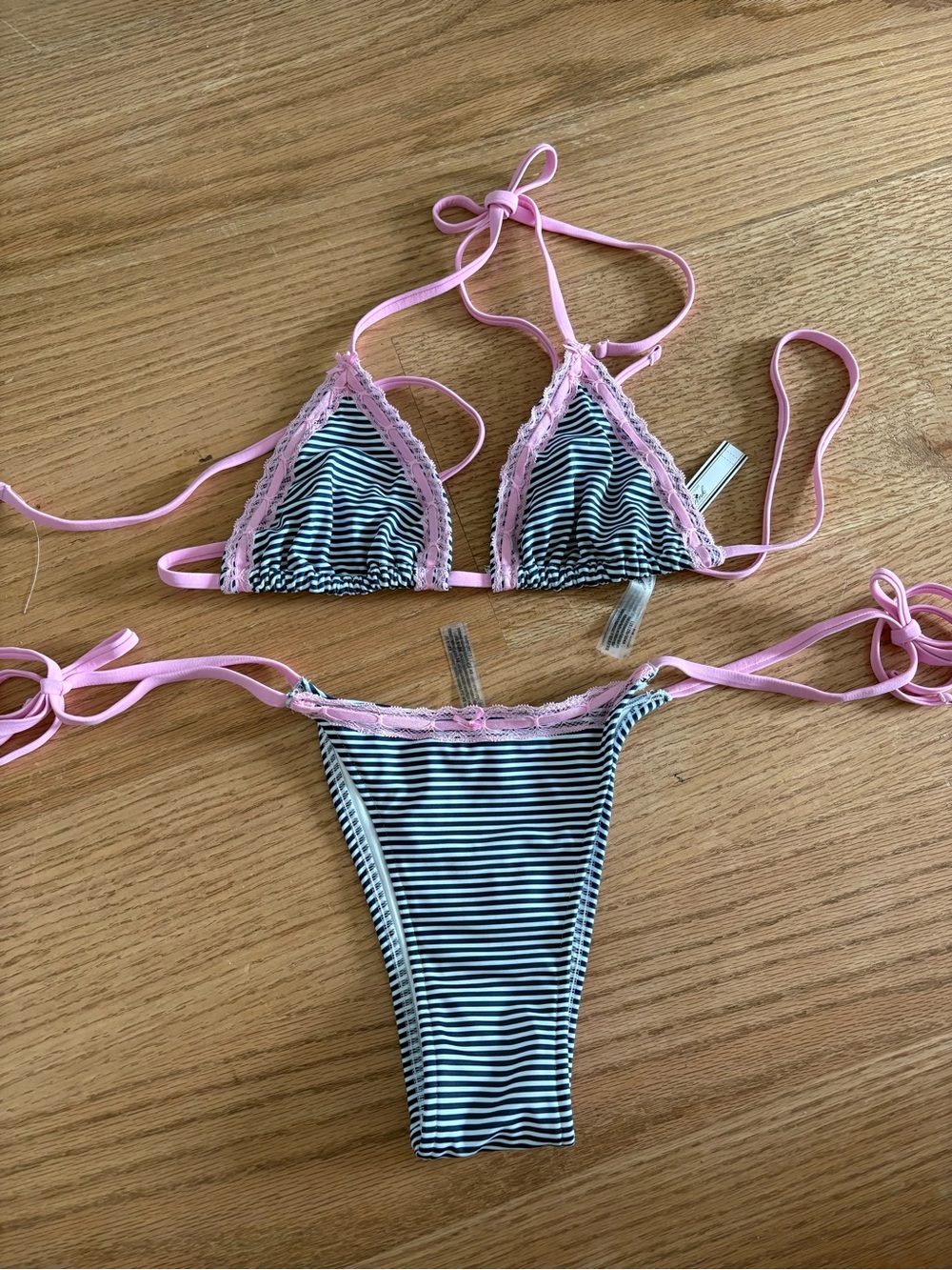 Frankie's Bikinis Pink & Black Striped Lace-Trim Triangle Bikini